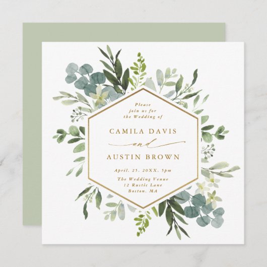 Waterverf Greenery Gold Hexagon Wedding Square Kaart (Voorkant / Achterkant)