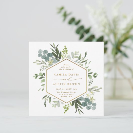Waterverf Greenery Gold Hexagon Wedding Square Kaart (Staand voorkant)