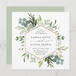 Waterverf Greenery Gold Hexagon Wedding Square Kaart