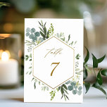 Waterverf Greenery Gold Hexagon Wedding Table Num Kaart<br><div class="desc">Dit trouwlijstnummer bevat geschilderde waterverf eucalyptus,  groene bladeren,  bloemen met een faux goud geometrisch hexagon lijst. Voor meer geavanceerde aanpassingen van dit ontwerp,  gelieve te klikken "aanpassen verder"verbinding. Overeenkomende objecten zijn ook beschikbaar.</div>