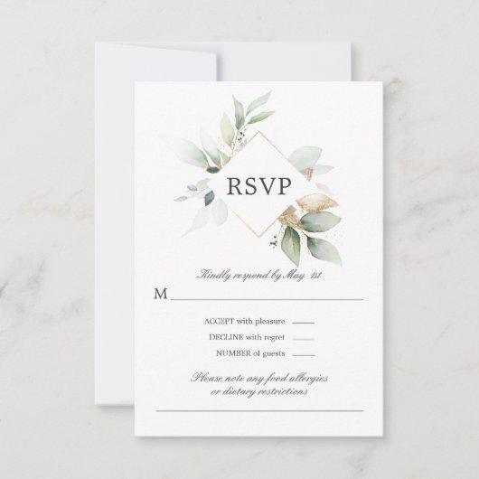 Waterverf Greenery Gold Leaves Wedding RSVP-kaart RSVP Kaartje (Voorkant)