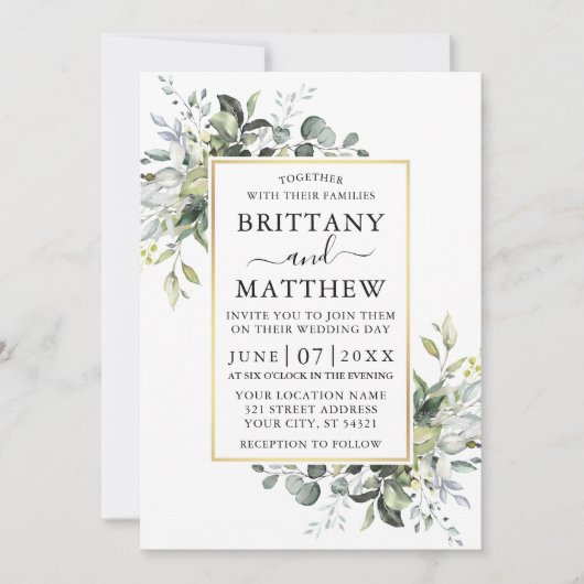 Waterverf Greenery Gold Lijst Sage Green Wedding Kaart (Voorkant)
