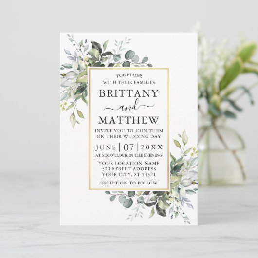 Waterverf Greenery Gold Lijst Sage Green Wedding Kaart (Staand voorkant)