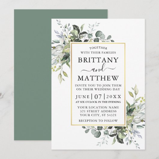 Waterverf Greenery Gold Lijst Sage Green Wedding Kaart (Voorkant / Achterkant)