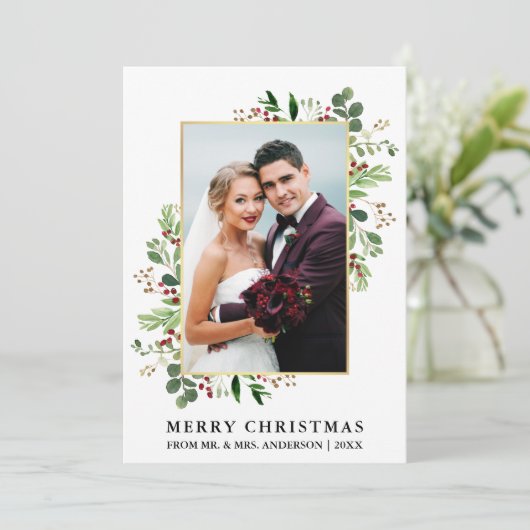 Waterverf Greenery Gold Pas getrouwd Kerstmis Feestdagenkaart (Staand voorkant)