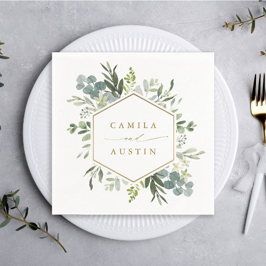 Waterverf Greenery Gold Script Hexagon Wedding Servet