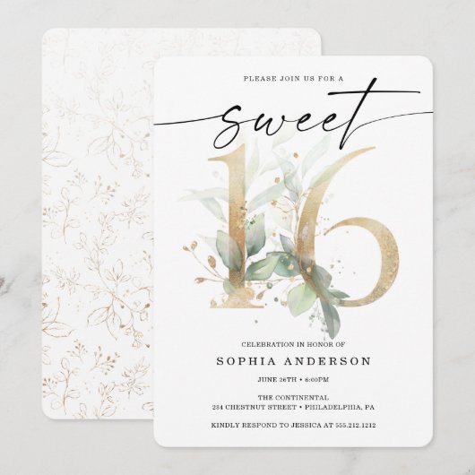 Waterverf Greenery Gold Sweet 16 Birthday Kaart (Voorkant / Achterkant)