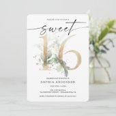 Waterverf Greenery Gold Sweet 16 Birthday Kaart (Staand voorkant)