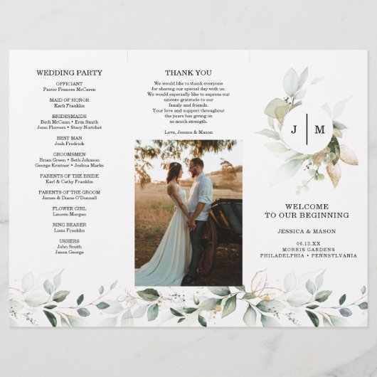 Waterverf Greenery Gold Trifold Wedding Program Flyer (Voorkant)