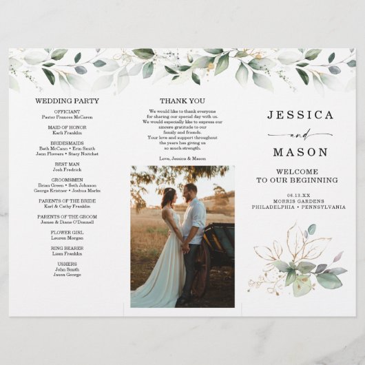 Waterverf Greenery Gold Trifold Wedding Program Flyer (Voorkant)