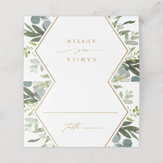 Waterverf Greenery Gold Wedding Persoonlijk Plaatskaartje (Buitenkant ongevouwen)