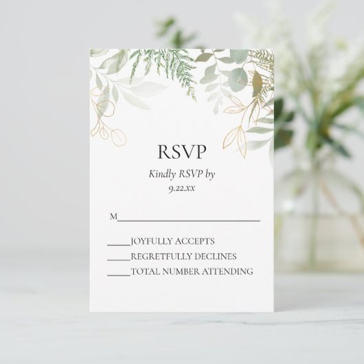 Waterverf Greenery Gold Wedding RSVP Kaart (Staand voorkant)