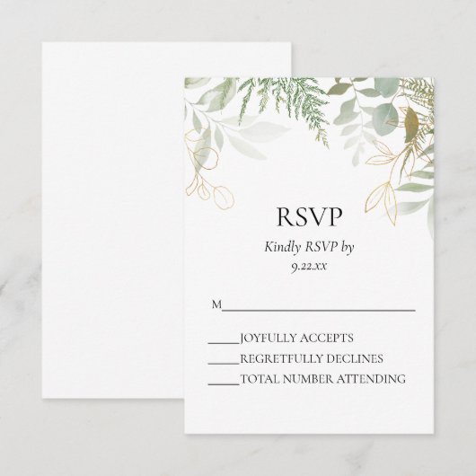 Waterverf Greenery Gold Wedding RSVP Kaart (Voorkant / Achterkant)