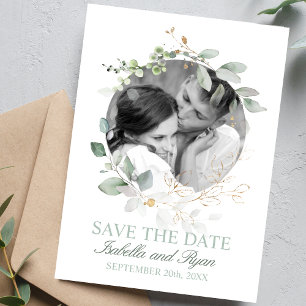 Waterverf Greenery Gold Wreath FOTO Aankondigingskaart