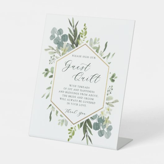 Waterverf Greenery Hexagon Wedding Guest Quilt Reclamebord Met Voetstuk (Voorkant)