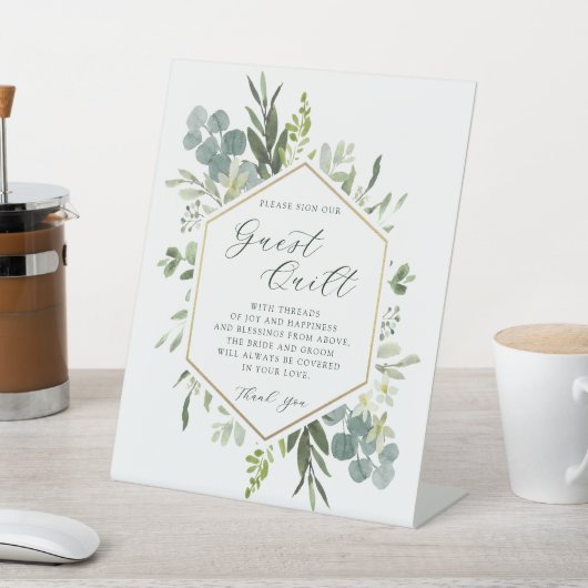 Waterverf Greenery Hexagon Wedding Guest Quilt Reclamebord Met Voetstuk (Insitu)