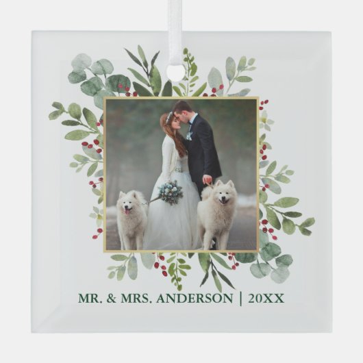 Waterverf Greenery Holly Berries Wedding Foto Glas Ornament (Voorkant)