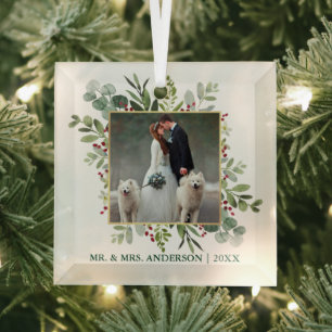 Waterverf Greenery Holly Berries Wedding Foto Glas Ornament