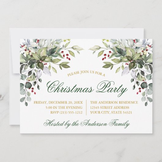 Waterverf Greenery Holly Gold Kerstfeest Kaart (Voorkant)