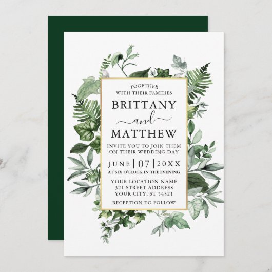 Waterverf Greenery Ivy Ferns Sage Gold Wedding Kaart (Voorkant / Achterkant)