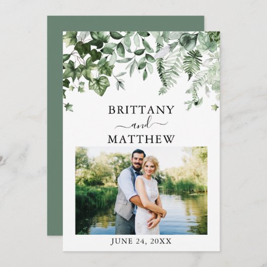 Waterverf Greenery Ivy Ferns Sage Green Save The Date (Voorkant / Achterkant)