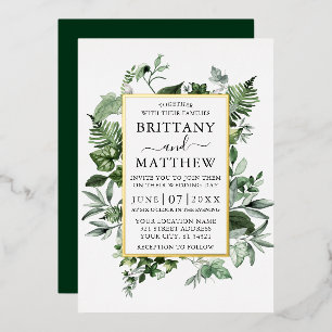 Waterverf Greenery Ivy Ferns Sage Wedding Gold Folie Uitnodiging