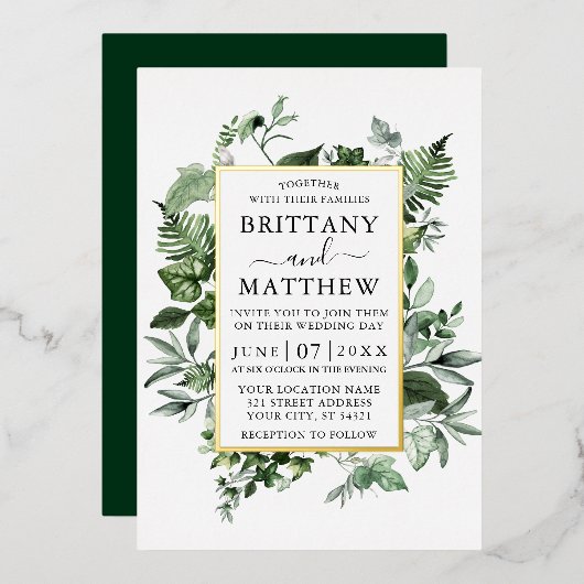 Waterverf Greenery Ivy Ferns Sage Wedding Gold Folie Uitnodiging (Voorkant / Achterkant)