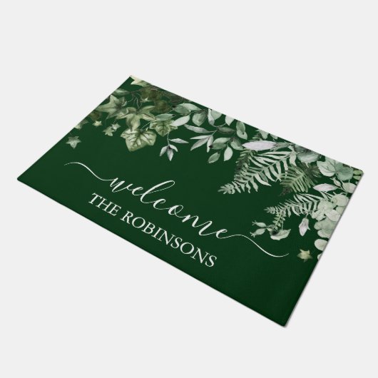 Waterverf Greenery Ivy Sage Ferns Familienaam Deurmat (Schuin)