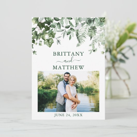 Waterverf Greenery Ivy Sage Foto Save The Date (Staand voorkant)