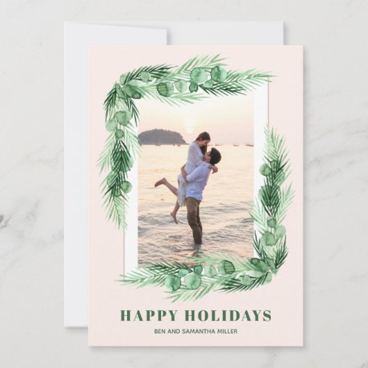 Waterverf Greenery kerstfoto Feestdagenkaart (Voorkant)