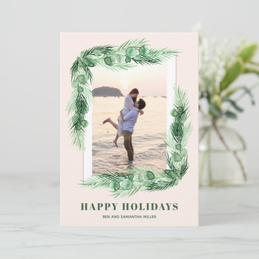 Waterverf Greenery kerstfoto Feestdagenkaart (Staand voorkant)