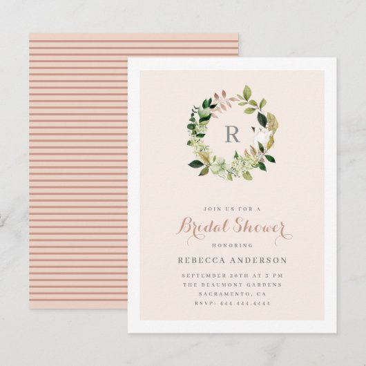 Waterverf Greenery Krans Blush Vrijgezellenfeest Uitnodiging Briefkaart (Voorkant / Achterkant)