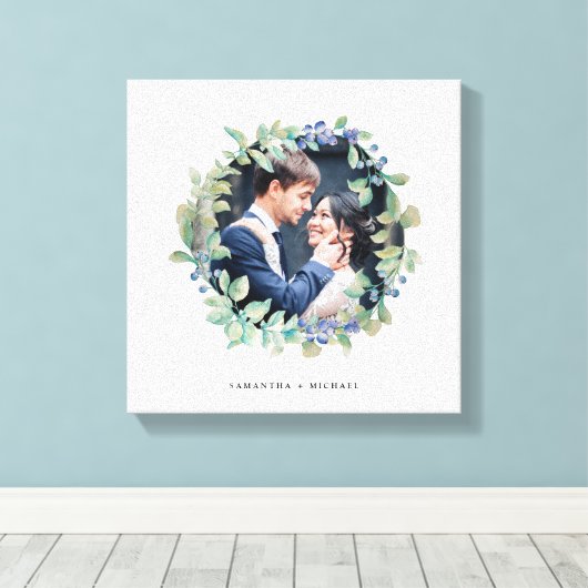 Waterverf Greenery Krans met Blauw | Foto Canvas Afdruk (Insitu (Houten vloer))