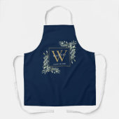 Waterverf Greenery laat marineblauw goudmonogram Schort (Voorkant)
