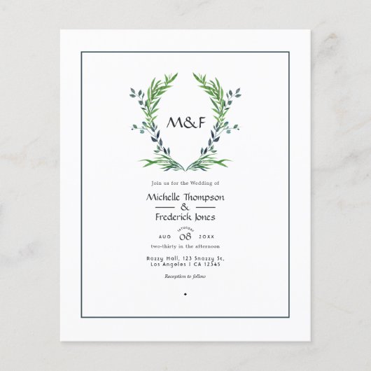 Waterverf Greenery Laurel Crest Monogram Wedding Flyer (Voorkant)