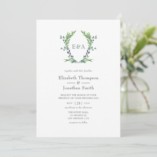 Waterverf Greenery Laurel Crest Monogram Wedding Kaart (Staand voorkant)