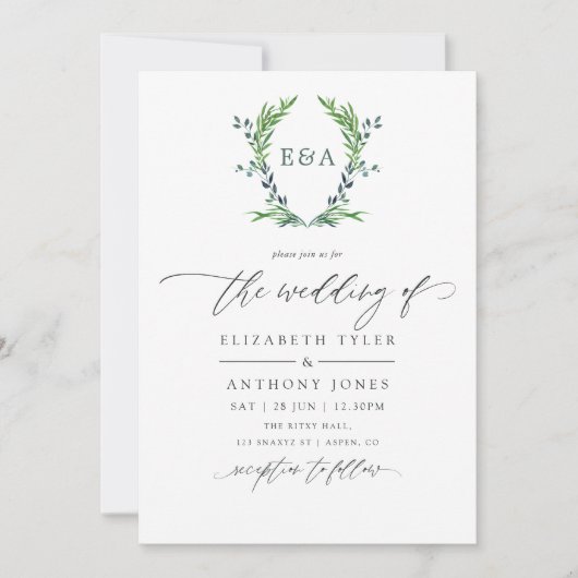 Waterverf Greenery Laurel Crest Monogram Wedding Kaart (Voorkant)