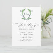 Waterverf Greenery Laurel Crest Monogram Wedding Kaart (Staand voorkant)