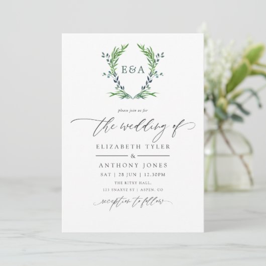 Waterverf Greenery Laurel Crest Monogram Wedding Kaart (Staand voorkant)