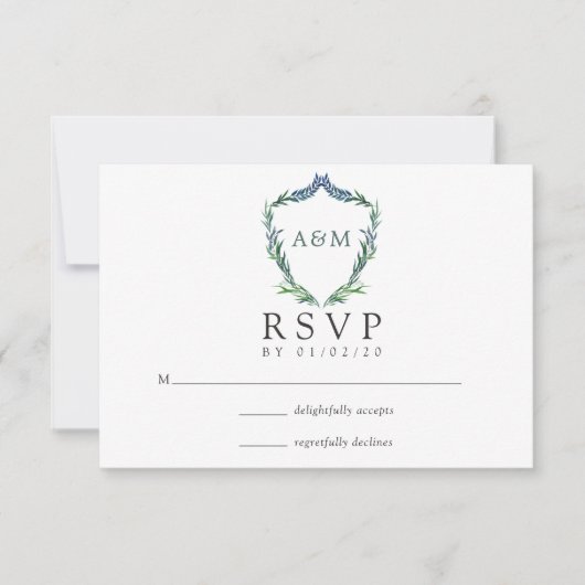 Waterverf Greenery Laurel Crest Monogram Wedding RSVP Kaartje (Voorkant)