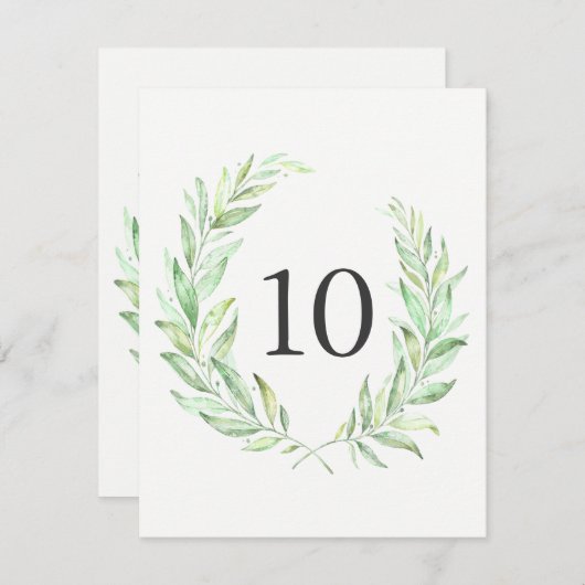 Waterverf Greenery Laurel Wreattable Number Kaart (Voorkant / Achterkant)