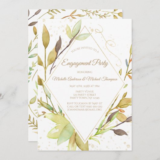 Waterverf Greenery Leaf Gold Engagement Party Kaart (Voorkant / Achterkant)