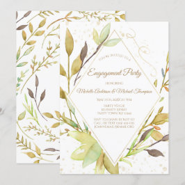 Waterverf Greenery Leaf Gold Engagement Party Kaart