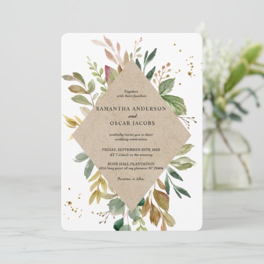 Waterverf Greenery Leaf Kraft Lijst & Gold Kaart (Staand voorkant)