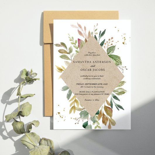 Waterverf Greenery Leaf Kraft Lijst & Gold Kaart