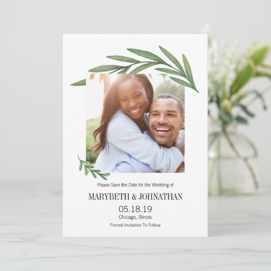 Waterverf Greenery Leaf Save the Date Photo Card (Staand voorkant)