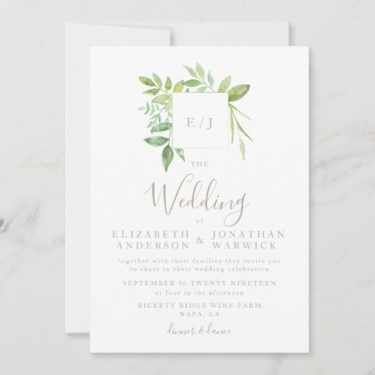 Waterverf Greenery Leaf Wreath Wedding Invitation Kaart (Voorkant)