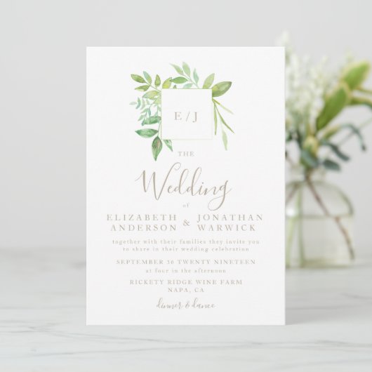Waterverf Greenery Leaf Wreath Wedding Invitation Kaart (Staand voorkant)