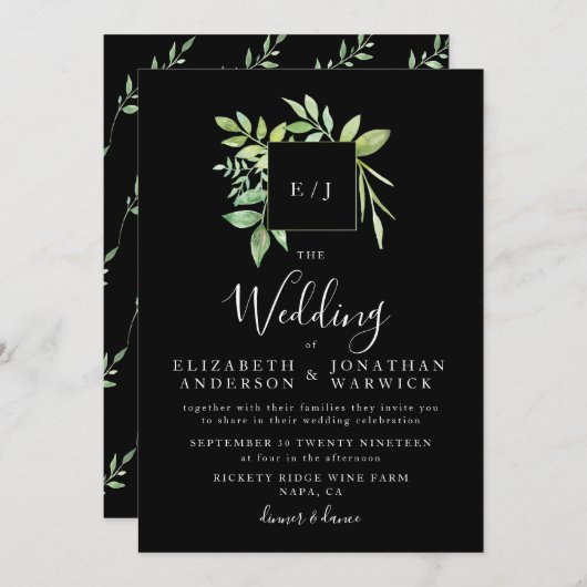 Waterverf Greenery Leaf Wreath Wedding Invitation Kaart (Voorkant / Achterkant)