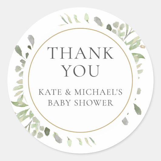 Waterverf Greenery Leaves Baby shower Dank u Ronde Sticker (Voorkant)